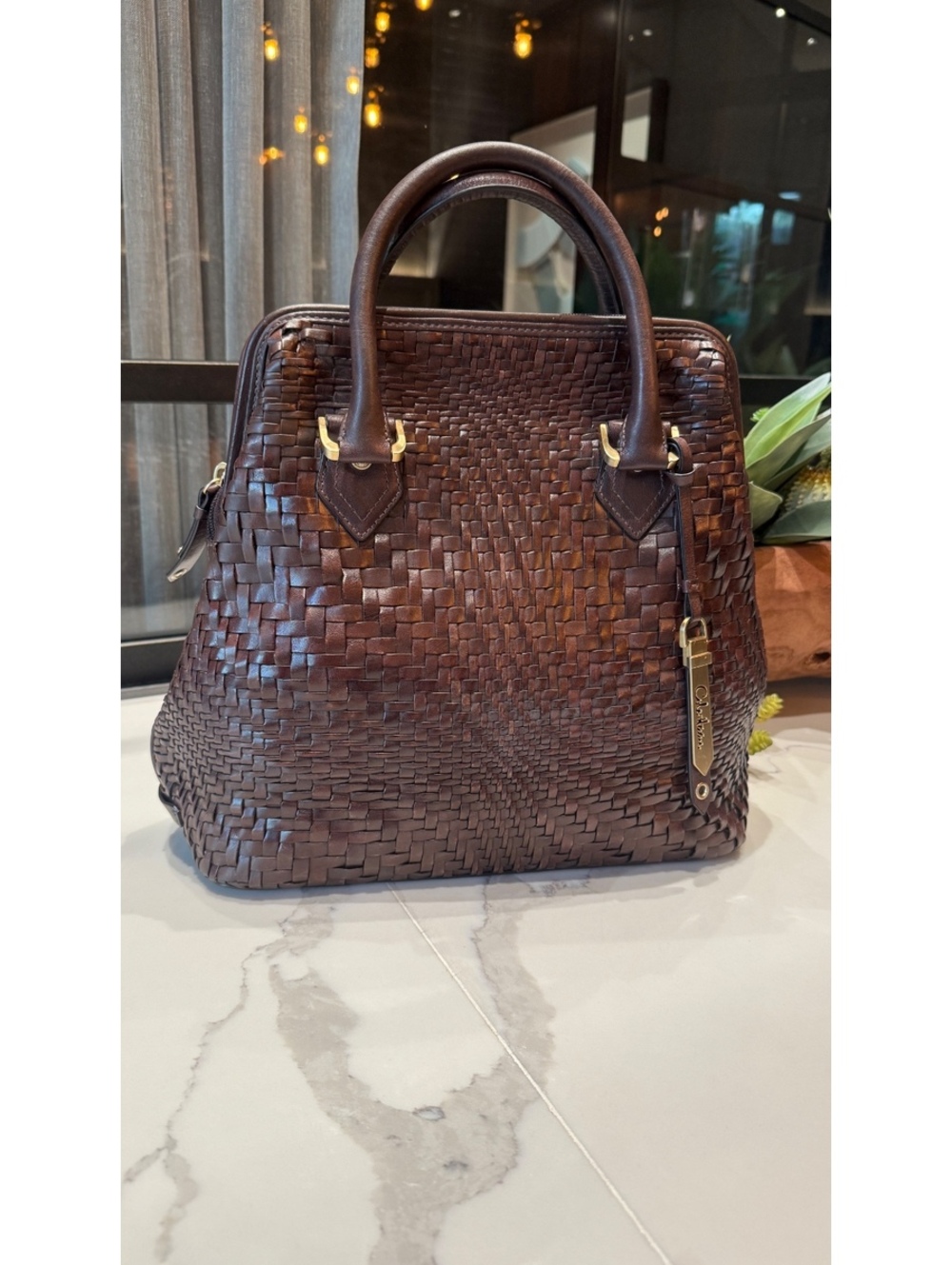 Cole Haan Vintage Woven Leather Handbag Brown Large Top Handle Satchel